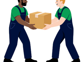 Deux déménageurs portant ensemble un carton, représentant la collaboration lors d’un petit déménagement - Demenagement24