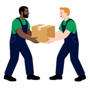 Deux déménageurs portant ensemble un carton, représentant la collaboration lors d’un petit déménagement - Demenagement24