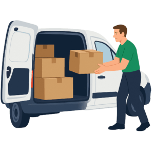 ransporteur particulier chargeant des cartons dans une camionnette pour un petit déménagement économique – Déménagement24