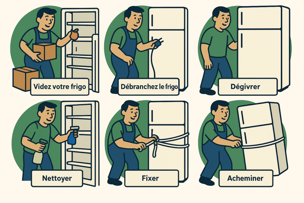 Illustration des étapes d’un déménagement frigo : vider, débrancher, dégivrer, nettoyer, fixer et acheminer le réfrigérateur pour un transport frigo sécurisé - Demenagement24