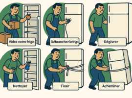 Illustration des étapes d’un déménagement frigo : vider, débrancher, dégivrer, nettoyer, fixer et acheminer le réfrigérateur pour un transport frigo sécurisé - Demenagement24