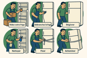 Illustration des étapes d’un déménagement frigo : vider, débrancher, dégivrer, nettoyer, fixer et acheminer le réfrigérateur pour un transport frigo sécurisé - Demenagement24