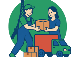 Illustration d’un déménageur à Paris aidant une cliente à transporter des cartons avec un camion de déménagement – Demenagement24