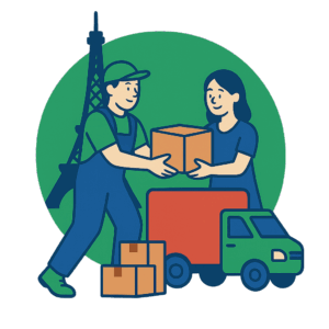 Illustration d’un déménageur à Paris aidant une cliente à transporter des cartons avec un camion de déménagement – Demenagement24