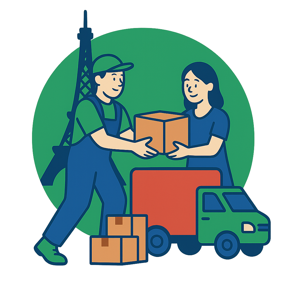 Illustration d’un déménageur à Paris aidant une cliente à transporter des cartons avec un camion de déménagement – Demenagement24