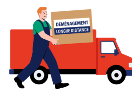 Illustration d’un déménageur portant un carton marqué « Déménagement longue distance » devant un camion rouge, représentant un service de déménagement longue distance – Demenagement24