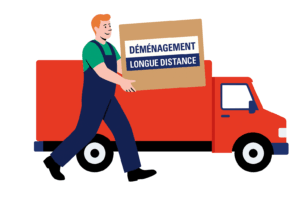Illustration d’un déménageur portant un carton marqué « Déménagement longue distance » devant un camion rouge, représentant un service de déménagement longue distance – Demenagement24