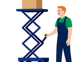 Illustration d’un professionnel manipulant une location monte-meuble pour soulever un carton pendant un déménagement en hauteur – Déménagement24
