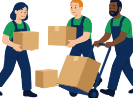 Trois déménageurs professionnels portant des cartons et un diable lors d’un déménagement groupé pas cher – Déménagement24