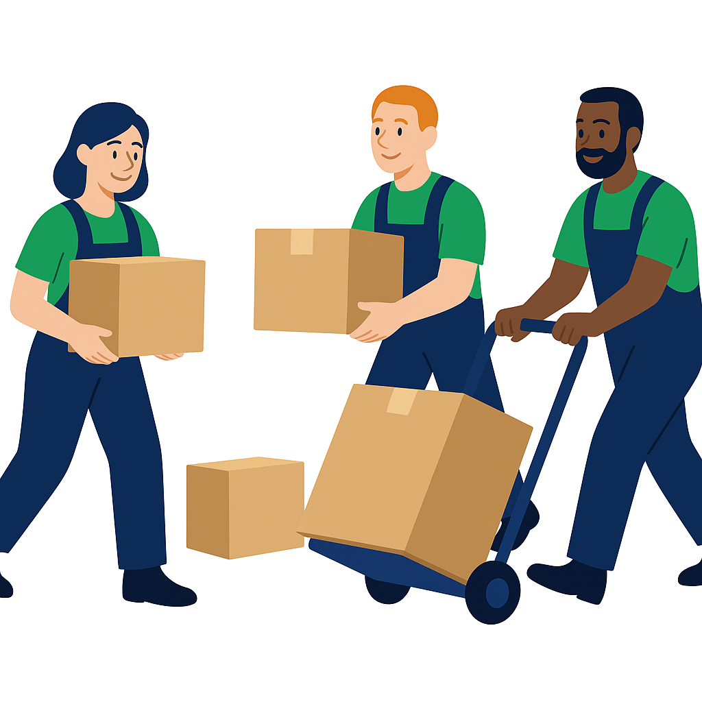 Trois déménageurs professionnels portant des cartons et un diable lors d’un déménagement groupé pas cher – Déménagement24