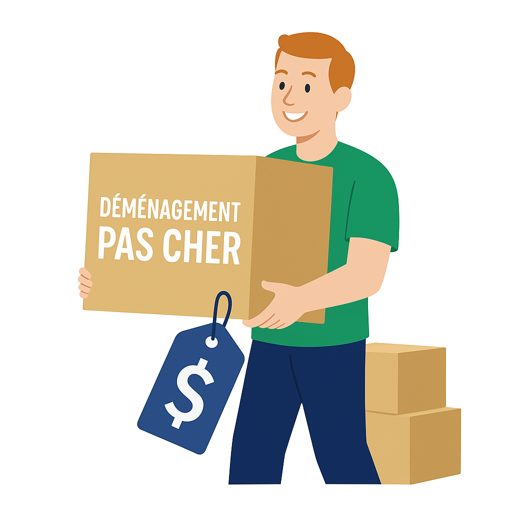Homme portant un carton marqué “Déménagement pas cher” avec une étiquette de prix, symbolisant un déménagement économique – Déménagement24