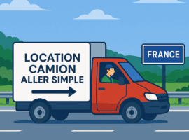 Illustration d’un camion rouge sur l’autoroute avec l’inscription ‘Location camion aller simple’, symbole d’un déménagement économique en France – Déménagement24