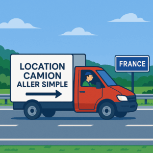 Illustration d’un camion rouge sur l’autoroute avec l’inscription ‘Location camion aller simple’, symbole d’un déménagement économique en France – Déménagement24