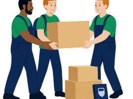 Trois déménageurs professionnels réalisent un déménagement étudiant, portant ensemble des cartons dans une illustration symbolisant la collaboration et l’efficacité lors d’un déménagement pas cher – Déménagement24
