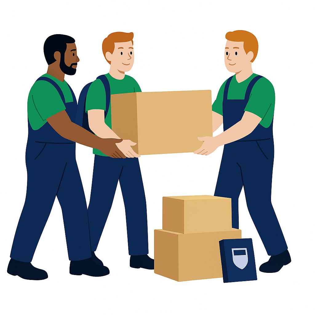 Trois déménageurs professionnels réalisent un déménagement étudiant, portant ensemble des cartons dans une illustration symbolisant la collaboration et l’efficacité lors d’un déménagement pas cher – Déménagement24