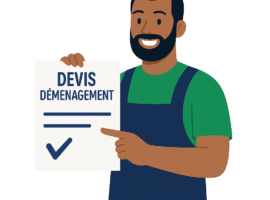 Homme souriant tenant une pancarte indiquant "Devis déménagement", représentant un déménageur professionnel proposant un devis gratuit pour un déménagement – Déménagement24