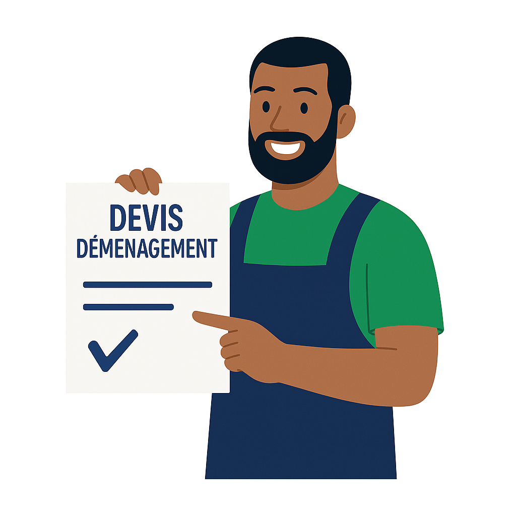 Homme souriant tenant une pancarte indiquant "Devis déménagement", représentant un déménageur professionnel proposant un devis gratuit pour un déménagement – Déménagement24