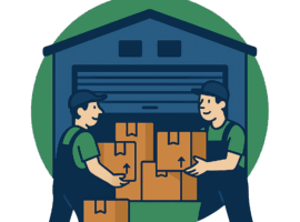 Illustration de deux déménageurs professionnels transportant des cartons devant un garde-meuble, représentant un service de déménagement et de stockage - Déménagement24