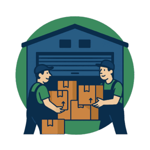 Illustration de deux déménageurs professionnels transportant des cartons devant un garde-meuble, représentant un service de déménagement et de stockage - Déménagement24