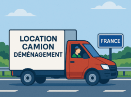 Camion rouge sur autoroute en France avec le texte "Location camion déménagement" sur la carrosserie, illustrant la location de véhicules utilitaires pour déménagements – Demenagement24