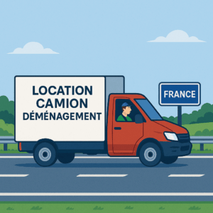 Camion rouge sur autoroute en France avec le texte "Location camion déménagement" sur la carrosserie, illustrant la location de véhicules utilitaires pour déménagements – Demenagement24