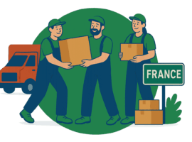 Trois déménageurs professionnels transportant des cartons devant un camion et un panneau France, représentant une société de déménagement - Demenagement24