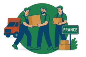 Trois déménageurs professionnels transportant des cartons devant un camion et un panneau France, représentant une société de déménagement - Demenagement24