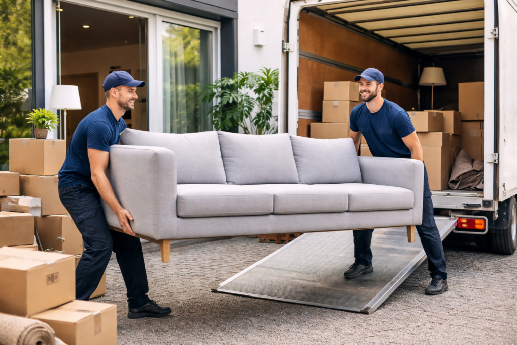 Déménageurs professionnels transportant un canapé dans un immeuble résidentiel lors d’un déménagement en France - Demenagement24