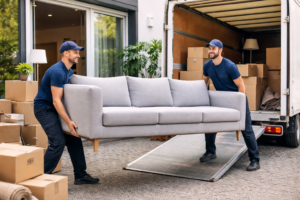 Déménageurs professionnels transportant un canapé dans un immeuble résidentiel lors d’un déménagement en France - Demenagement24