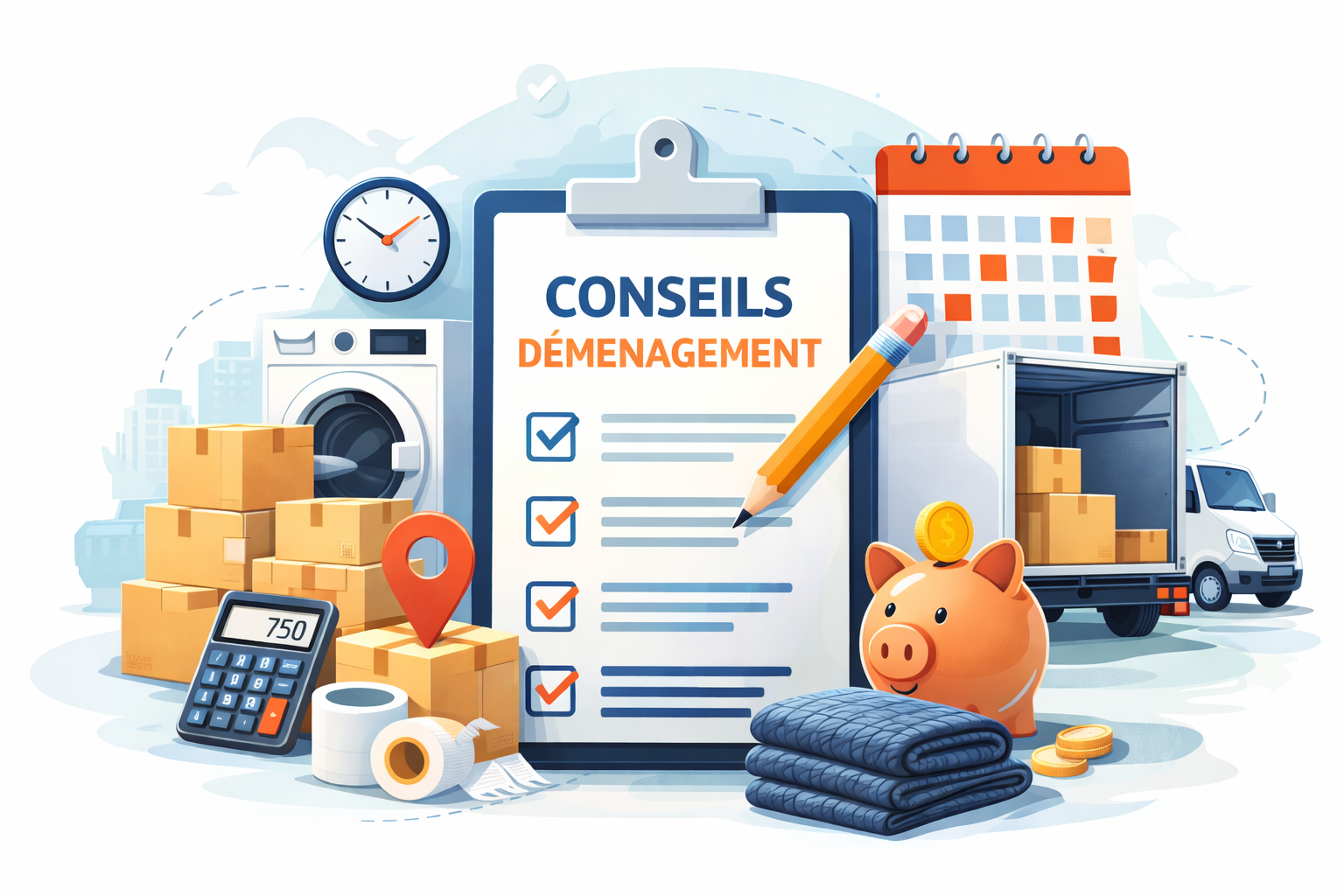Illustration de conseils déménagement avec cartons, camion, checklist et accessoires pour bien préparer son déménagement - Déménagement24
