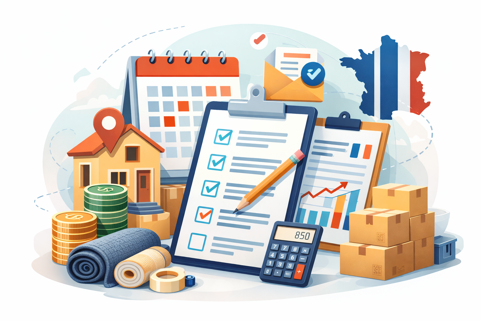 Illustration d’information déménagement avec checklist, calendrier, calculatrice et cartons pour organiser un déménagement en France - Déménagement24